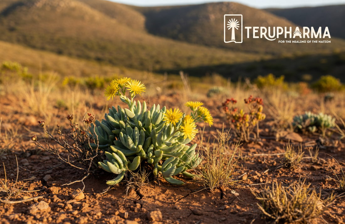 Sceletium tortuosum (Kanna) plant with yellow flowers growing in South African fynbos landscape with the Terupharma logo