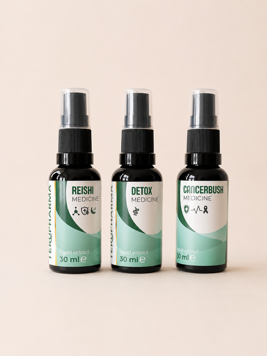 Blood Sugar Support. Three small spray bottles of herbal medicines lined up against a solid pale beige background. The bottles are dark amber glass with black spray nozzles and white and mint green labels. Terupharma