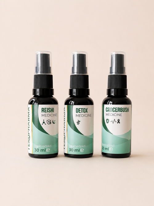 Blood Sugar Support. Three small spray bottles of herbal medicines lined up against a solid pale beige background. The bottles are dark amber glass with black spray nozzles and white and mint green labels. Terupharma