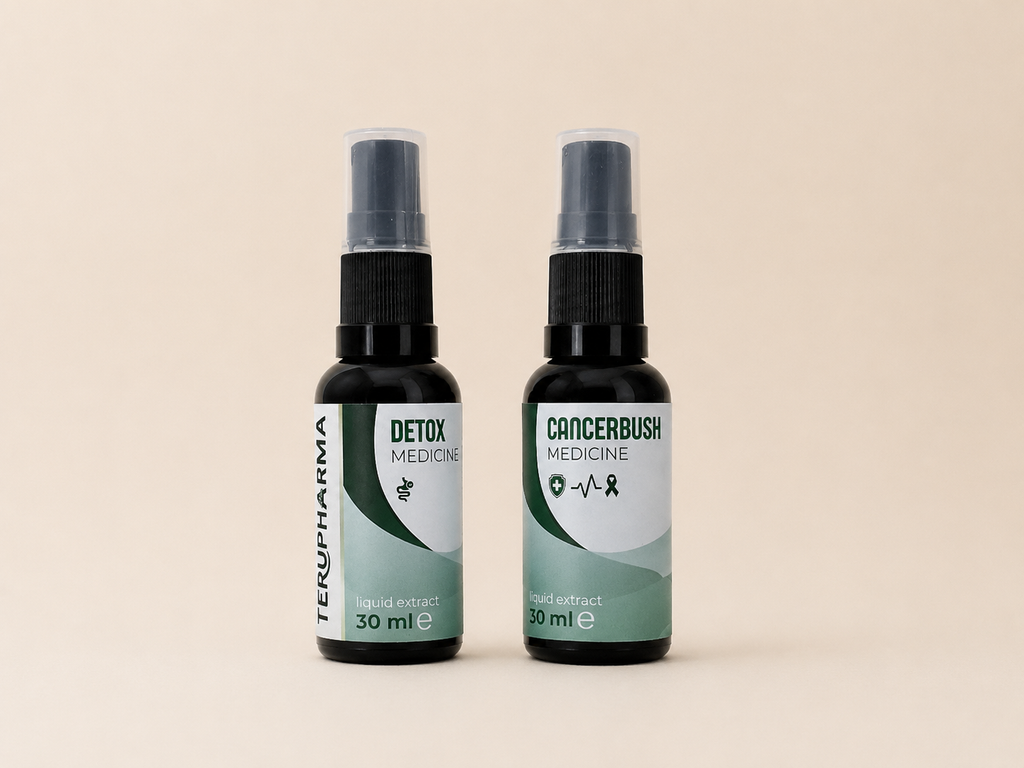 Two 30 ml Detox_Liver Support Kit spray bottles of Terupharma wellness products, 'Detox Medicine' and 'Cancerbush Medicine', standing side-by-side on a light beige background. terupharma