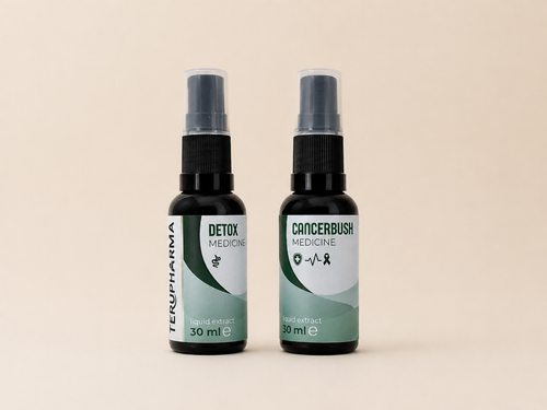 Two 30 ml Detox_Liver Support Kit spray bottles of Terupharma wellness products, 'Detox Medicine' and 'Cancerbush Medicine', standing side-by-side on a light beige background. terupharma