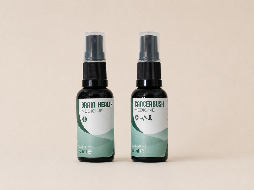 Focus kit spray bottles of Brain Health and Cancerbush Medicine standing side by side on a plain beige background. Terupharma