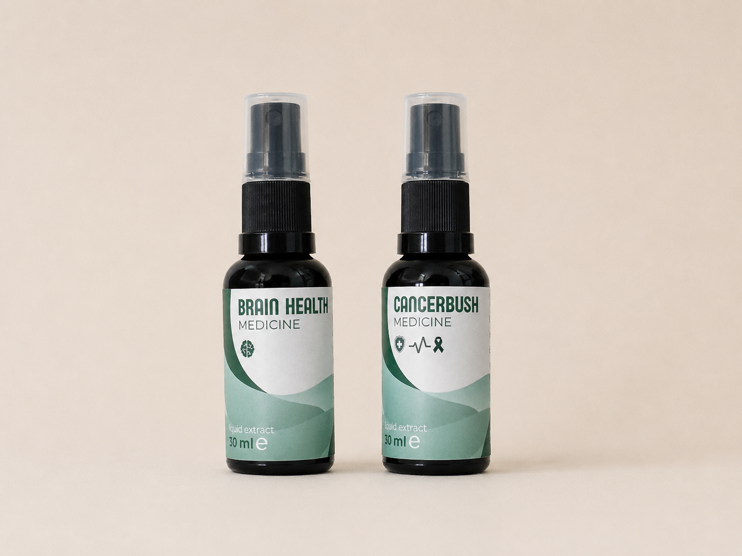 Focus kit spray bottles of Brain Health and Cancerbush Medicine standing side by side on a plain beige background. Terupharma