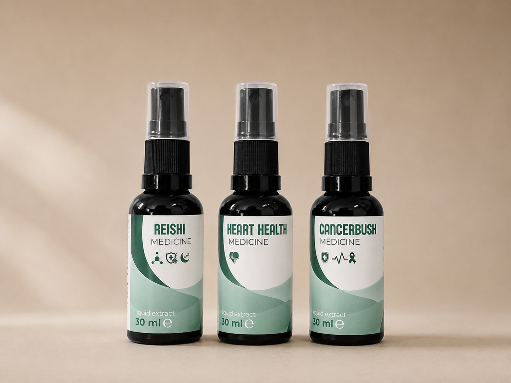 THeart and Circulation Kit three  spray bottles labeled Reishi Medicine, Heart Health Medicine, and Cancerbush Medicine, arranged side by side on a beige background. Teruharma
