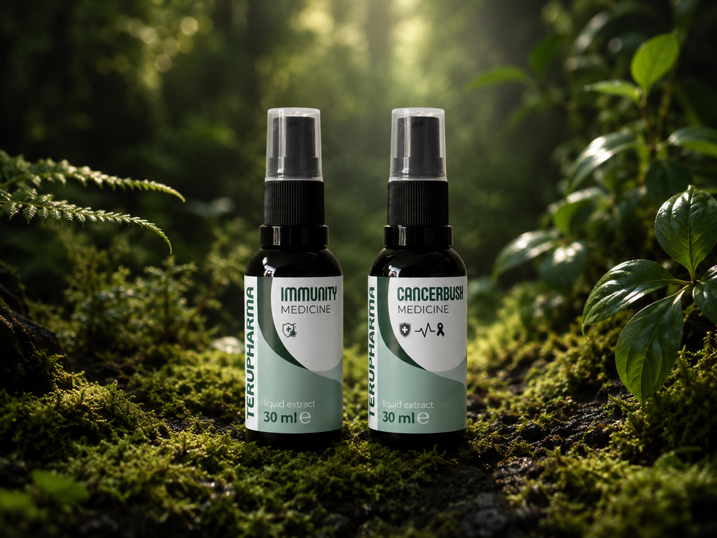 Immune Defence Kit spray bottles labeled 'IMMUNITY MEDICINE' and 'CANCERBUSH MEDICINE' standing on mossy ground with green plants and a blurred forest background. Terupharma