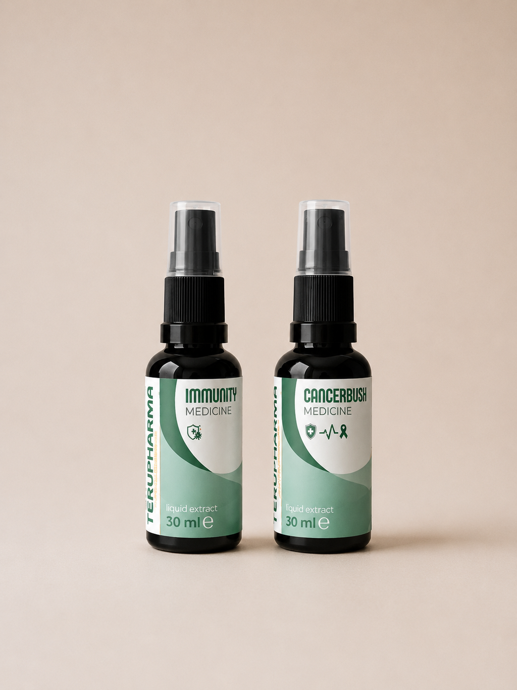 ImmuneDefenceKit spray bottles of TERUPHARMA medicine, one labeled 'IMMUNITY MEDICINE' and the other 'CANCERBUSH MEDICINE', standing side-by-side on a solid beige background.