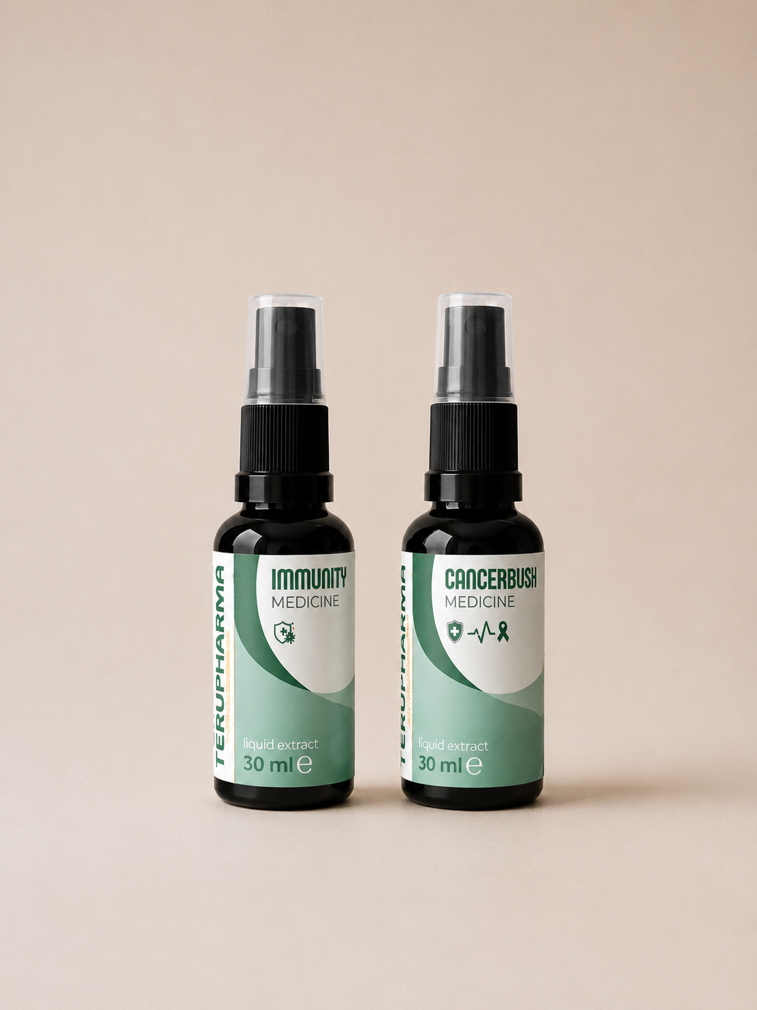 ImmuneDefenceKit spray bottles of TERUPHARMA medicine, one labeled 'IMMUNITY MEDICINE' and the other 'CANCERBUSH MEDICINE', standing side-by-side on a solid beige background.