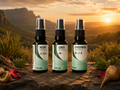 Men's Vitality Kit spray bottles labeled Reishi Medicine, Libido Medicine, and Cancerbush Medicine, arranged on a stone surface with herbs and sunset mountains in the background. Terupharma