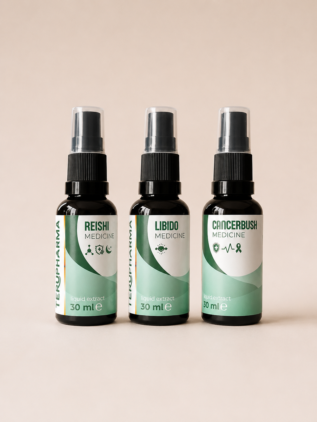 Men's Vitality Kit spray bottles with black caps and clear spray tops, standing side by side on a warm beige background. The labels read REISHI MEDICINE, LIBIDO MEDICINE, and CANCERBUSH MEDICINE,  TERUPHARMA.