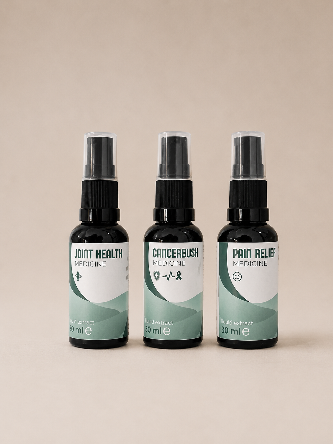Three 30 ml spray bottles of liquid extract medicines Pain & Inflammation Kit Plain Background lined up on a beige background: Joint Health, Cancerbush, and Pain Relief Medicines. Terupharma