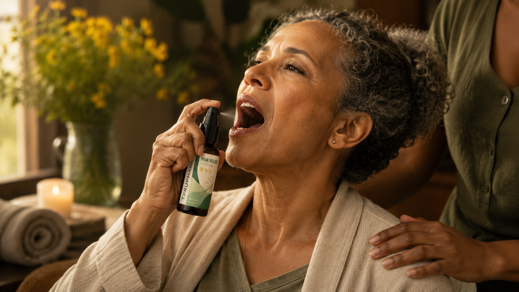 Woman using a mouth spray with another person standing behind her, in a home setting.