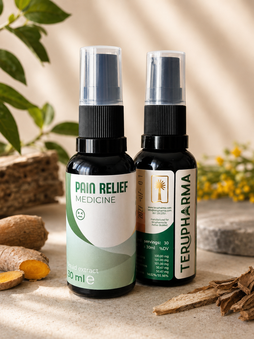 Two dark amber spray bottles of herbal pain relief medicine standing on a stone surface with ginger roots, bark, and soft green leaves in the background.