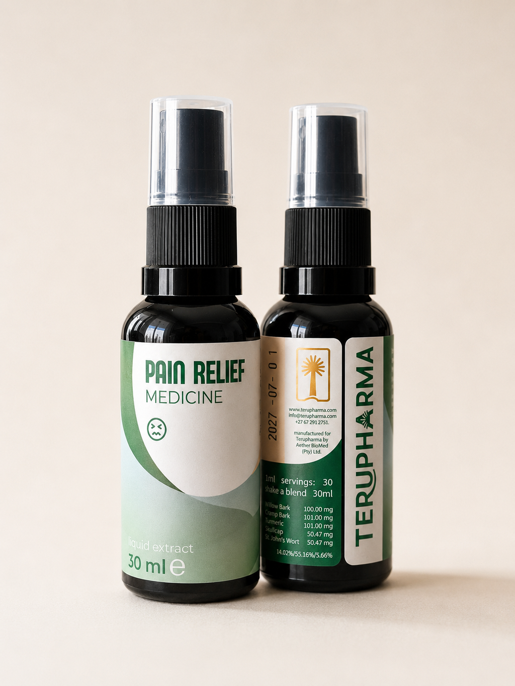 Two amber spray bottles of Terupharma pain relief medicine standing side by side against a solid beige background.