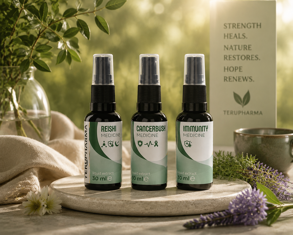Three Terupharma medicine spray bottles displayed on a stone tray with natural elements in a warm, sunlit setting. The bottles are labeled Reishi Medicine, Cancerbush Medicine, and Immunity Medicine.