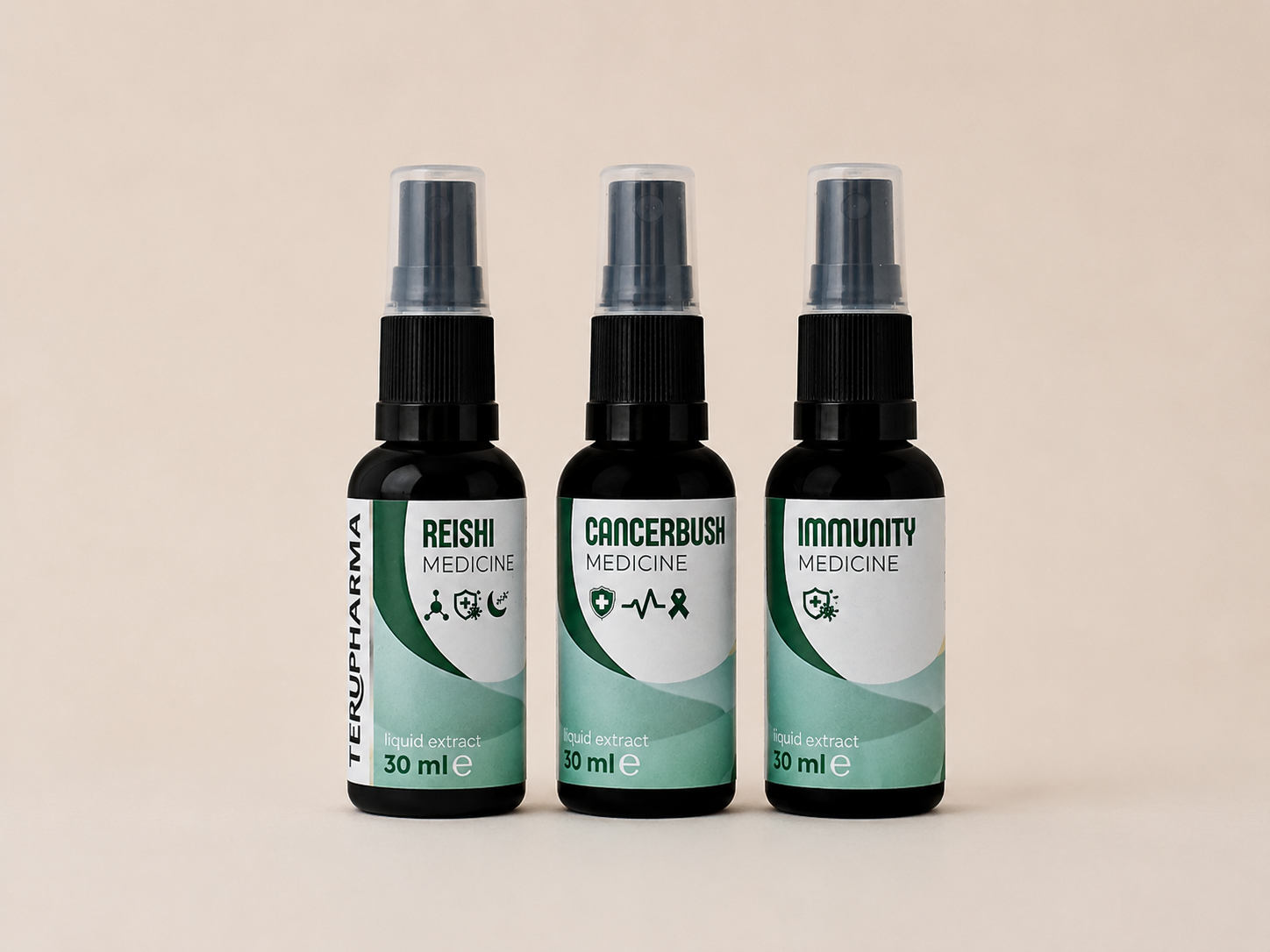 Three small spray bottles of Terupharma medicine lined up on a light beige background. The bottles are black with white and green labels reading 'REISHI MEDICINE', 'CANCERBUSH MEDICINE', and 'IMMUNITY MEDICINE'.