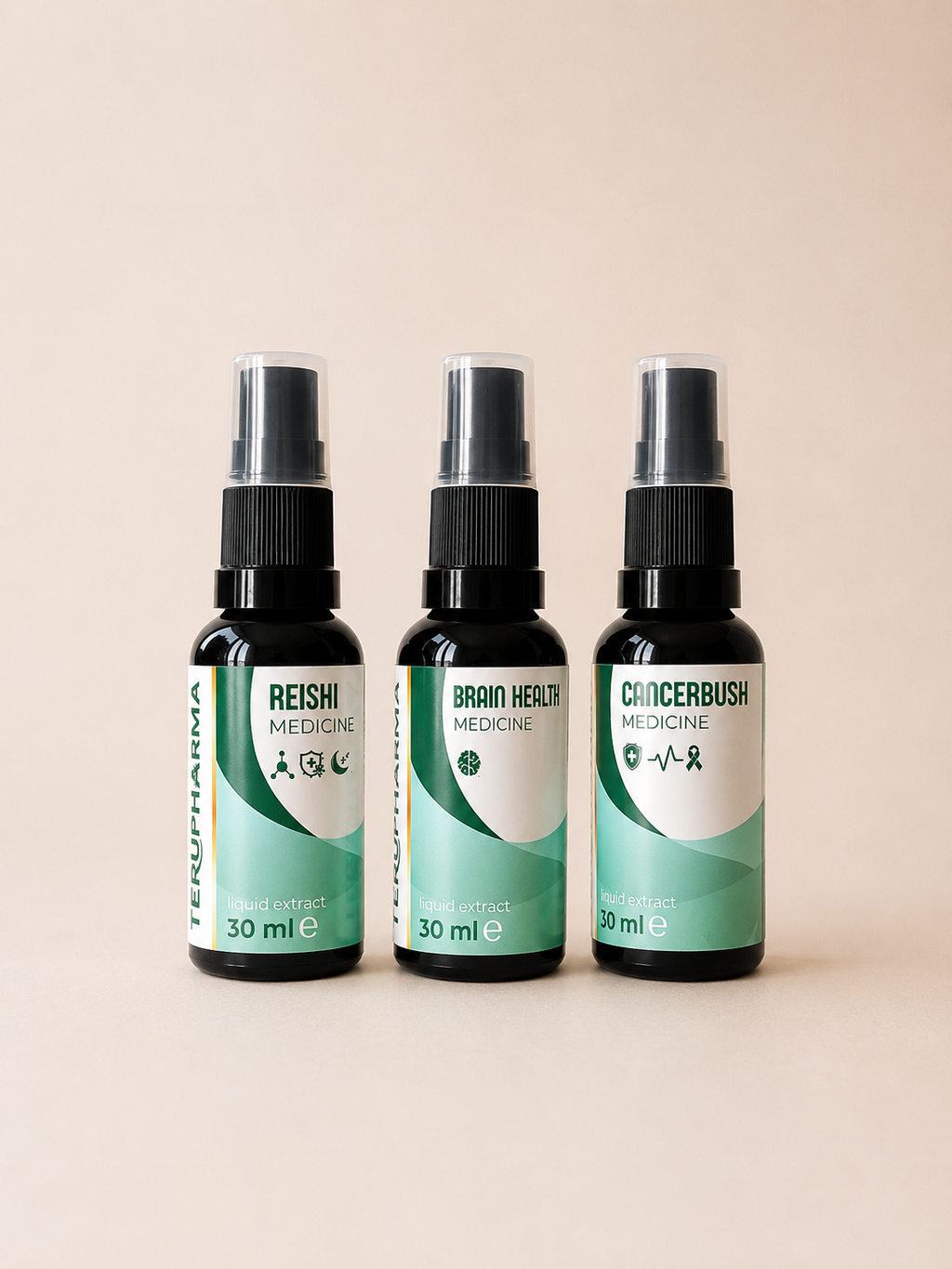 Stress and Sleep Support Kit Three small black spray bottles of Terupharma herbal medicines (Reishi, Brain Health, and Cancerbush) lined up on a solid beige background. terupharma