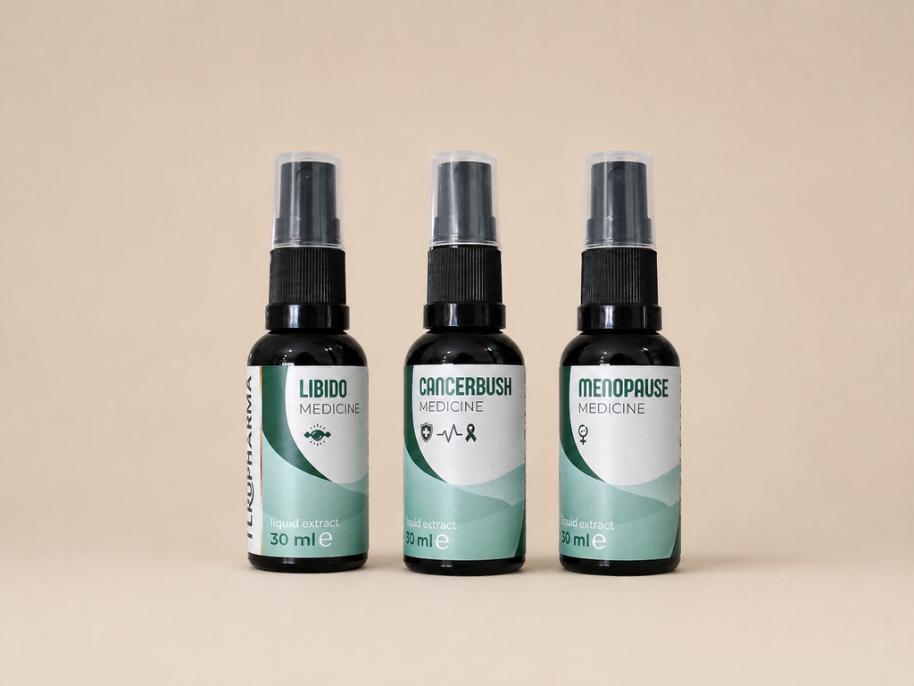 Women's Hormone & Wellness Kit spray bottles labeled Libido Medicine, Cancerbush Medicine, and Menopause Medicine, arranged side by side on a plain beige background. Terupharma
