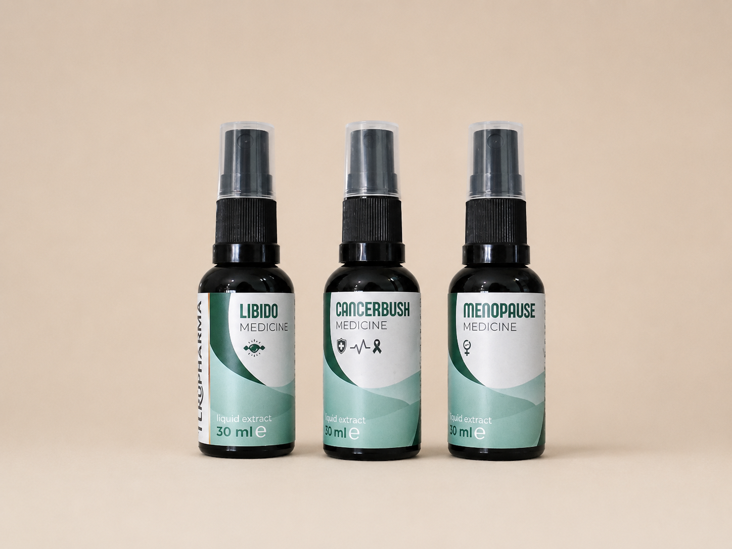 Women's Hormone & Wellness Kit spray bottles labeled Libido Medicine, Cancerbush Medicine, and Menopause Medicine, arranged side by side on a plain beige background. Terupharma