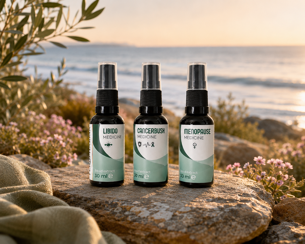 Women's Hormone & Wellness Kit spray bottles labeled Libido Medicine, Cancerbush Medicine, and Menopause Medicine, arranged on a stone outdoors with the sea and sunset in the background. Terupharma